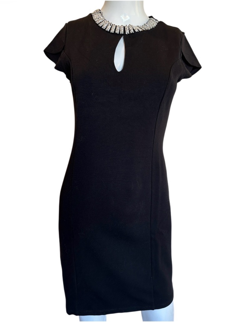 Black Midi Sheath Dress with Jeweled Collar